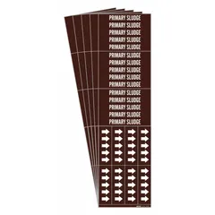 This adhesive pipe marker set includes three markers with the legend 'Primary Sludge' in white on a brown background, designed for pipes with an outside diameter of 3/4 inch or smaller. Each marker features directional arrows to indicate flow direction. Suitable for identifying sludge lines in industrial piping systems.