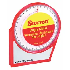 This magnetic angle locator features a 5-1/2 in base length and 6 in overall height. It has a plastic body with an acrylic face, measuring angles in degrees across four quadrants with 0.5° resolution. The magnetic base attaches to ferrous surfaces for hands-free use in layout, setup, and alignment tasks.