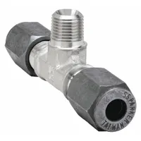 Stainless steel compression tee fitting from the Ferulok series, featuring a flareless bite-type design for leak-tight connections in high-pressure fluid systems. Suitable for joining three tube branches in hydraulic or pneumatic lines