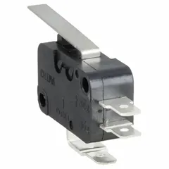 Snap-action switch with hinge lever actuator and SPDT (single-pole double-throw) configuration. Rated 10 A at 125 V AC. Terminated with quick-connect electrical connections. Used for on/off control, limit sensing, and position detection in industrial equipment, HVAC systems, and automated machinery.