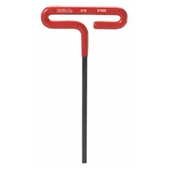 T-shaped hex key for tightening or loosening SAE hex socket fasteners. Made from alloy steel with a black oxide finish. Tip size 5/16 in, long arm length 9 in. Suitable for applications requiring extra reach and torque.
