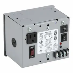 This enclosed Class 2 transformer steps down 120V AC to 24V AC for low-voltage control circuits. Rated 40 VA, it features wall mounting, screw terminal connections, and an individual output on/off switch. Suitable for powering relays, controllers, and sensors in commercial and industrial applications.