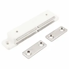 Plastic magnetic push-to-close catch with pull opening action. Measures 1/2 in height and 3 3/8 in width. Used for cabinet doors, enclosures, and access panels where a secure magnetic hold and manual pull release are required.