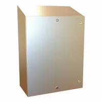 This 304 stainless steel enclosure measures 30 x 24 x 12 inches and is rated NEMA 12/13/3R/4/4X for protection against dust, water, and corrosion. It features a hinged cover with a 1/4-turn latch closure. Knockouts are not included. Typical applications include housing electrical controls, terminals, and instruments in industrial plants, food processing areas, and washdown environments