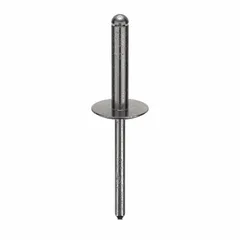 Open-end blind rivet with a large flange for distributing load over a wider area. 0.183" diameter, 2-1/4" overall length, 59/64" body length. Inch series. Supplied in a 250-piece pack. Suitable for sheet metal, automotive, and general assembly fastening applications.