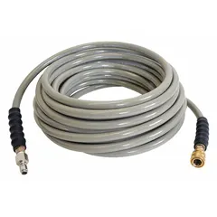 This 50 ft pressure washer hose assembly is constructed of gray polyurethane and rated for 4,500 psi. It features 3/8 in M Quick Disconnect x 3/8 in F Quick Disconnect fittings and is suitable for hot water use in pressure washing applications.