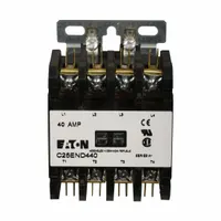 Three-phase definite purpose contactor with 24V AC coil, 30 A rating, and 4 normally open main poles. Rated for 690V AC maximum with quick-disconnect terminals in an E frame size. Suitable for HVACR and industrial equipment such as compressors, fans, and pumps