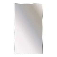 Rectangular acrylic wall mirror with a satin silver stainless steel frame. Non-lighted design for general bathroom use. Overall height 36 1/4 inches, width 24 inches.