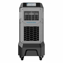 This portable evaporative cooler operates on 120V AC with a 5-15P plug and measures 46 in x 22 in x 19 1/2 in. It features variable-speed control for adjustable airflow. Suitable for cooling spaces such as warehouses, workshops, and event areas where ventilation is available.