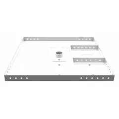 Steel fixed television mount for ceiling installation. White powder-coated finish. Supports up to 200 lb. Includes mounting hardware and 30 ft tie wire.