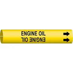 Yellow snap-on pipe marker with black legend reading 'Engine Oil' and directional arrows. Fits pipe outer diameters from 1-1/2 to 2-3/8 inches. Supplied as a single marker for identifying engine oil lines in industrial piping systems.