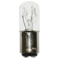 Incandescent lamp with BA15d double-contact bayonet base and T6 tubular bulb shape. Operates at 230V AC and produces white light. Suitable for general illumination in industrial and commercial fixtures, indicator lights, machinery lamps, and signage