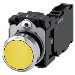 Momentary-action flush-mount push button from the Siemens 3SU series. Features a non-metallic construction with a 22 mm flush profile and 1 normally open and 1 normally closed contact. Suitable for control panel applications requiring start/stop or enable/disable functions.