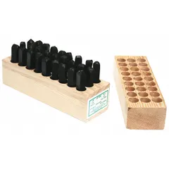 Steel hand stamps with precision-ground sharp faces for marking periods and letters A through Z. Character height is 3/8 in. Suitable for permanent marking on metal or hard surfaces in industrial applications such as part identification and traceability.