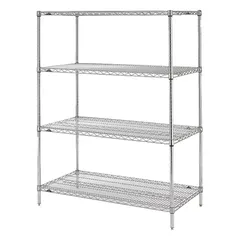 Stationary wire shelving unit for dry environments. Constructed of steel with a chrome finish in silver. Includes four shelves with split sleeve design. Overall height 54 inches, shelf dimensions 36 by 18 inches. Suitable for organizing supplies, tools, or inventory in commercial kitchens, warehouses, and retail backrooms.