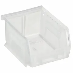 Clear plastic bin for organizing small parts, components, and hardware in industrial workstations, warehouses, and assembly lines. Clear design allows quick visual inventory checks. Integrated label holder simplifies part identification. Not Electrostatic Discharge Conductive.
