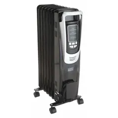 This portable radiator-style electric heater from Dayton delivers 1500W of heating power with a capacity of 5118 BtuH. It features two heat settings and a safety tip-over switch for automatic shutoff. The black housing measures 25-1/4 x 14-1/4 x 11 inches. Suitable for supplemental heating in offices, workshops, and similar indoor spaces.