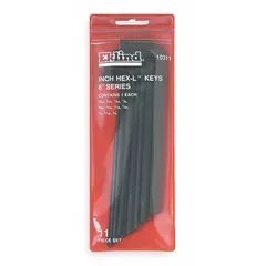 L-shaped hex key set with 11 SAE sizes, featuring standard and long arm tips for accessing recessed fasteners. Black oxide finish provides corrosion resistance. Supplied in a pouch for storage and portability.