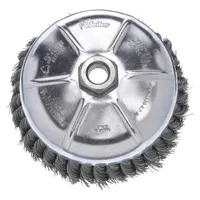 This cup brush from WEILER is designed for heavy cleaning of contoured carbon steel surfaces. It features a 2 3/4 in diameter with 0.02 in fill diameter standard twist knot wire bristles. The 5/8"-11 arbor hole allows secure mounting on compatible tools for surface preparation, rust removal, and weld cleaning on curved or irregular metal parts