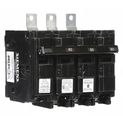 Three-pole miniature circuit breaker rated 60 A at 120/240V AC, three-phase, with shunt trip. Bolt-on mounting type for use with Siemens P1 panelboards. Provides overcurrent and short-circuit protection in commercial and industrial electrical distribution systems.