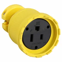 This straight blade connector is rated for 50 A at 250V AC, with 2 poles and 3 wires. It features a yellow housing for high visibility. Typical applications include heavy-duty electrical connections for welders, plasma cutters, and large machinery.