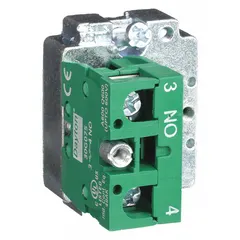 This contact block is a normally open (1NO) momentary switch component for industrial control panels and machinery. It features screw clamp terminals for secure wiring connections and is designed for 22 mm panel mounting in pushbutton stations, selector switches, and pilot devices.