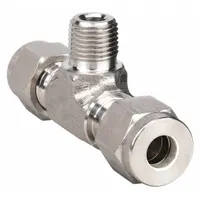 This stainless steel tee fitting features double-ferrule design for leak-tight connections in tubing systems. It accommodates 1/4 in OD tube on two ends and 1/8 in pipe thread on the third. Compatible with Parker A-LOK fittings, it is suited for industrial instrumentation, hydraulic, and pneumatic lines