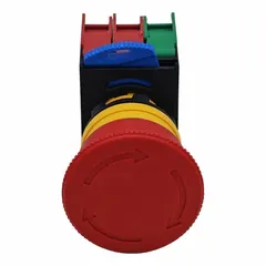 This mushroom-head push button features a maintained action, requiring manual reset after actuation. The non-metallic construction suits environments where corrosion resistance is needed. With a 22 mm profile, it is used for emergency stop or control functions in industrial machinery and automation systems.