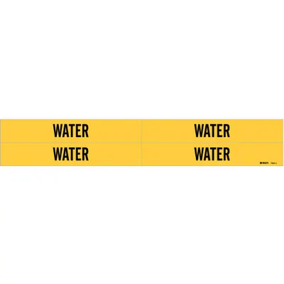 BRADY Pipe Marker: Water, Yellow, Black, Fits 3/4 to 2 3/8 in Pipe O.D., 4 Pipe Markers - Water Adhesive Pipe Markers