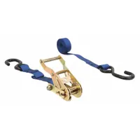 This 6 ft ratchet-style tie down strap is constructed from blue polyester webbing with steel S-hook ends. It is designed for securing motorcycles during transport on trailers, truck beds, or flatbeds. The ratchet mechanism allows controlled tensioning for a secure hold
