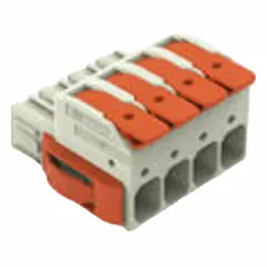 4-port female pluggable lever connector for tool-free wiring. Accepts 18 AWG to 4 AWG solid wire. Rated 66 A and 600 V. Suitable for high-current connections in control panels and power distribution.