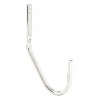 This single-point wall mount hook is made of stainless steel with a mirror silver finish. It projects 1 7/8 in from the mounting surface and supports up to 26 lb. Suitable for hanging tools, garments, or light equipment in workshops, kitchens, or retail displays
