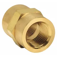 This brass pipe fitting connects two 3/8 in pipes in a straight line for extreme-pressure instrumentation systems. Rated for 3,500 psi maximum operating pressure, it is suitable for high-pressure fluid handling in industrial applications. The 1 1/8 in length provides a compact connection