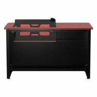 Computer desk with a cherry metal desktop and black steel frame. Includes a modesty panel. Overall dimensions: 48 in wide by 29 in high. Suitable for office or administrative workstations