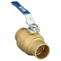 This two-piece brass ball valve features a straight pattern with sweat x sweat connections and a locking lever handle. It is used for on/off flow control in plumbing and piping systems handling water, oil, or gas.