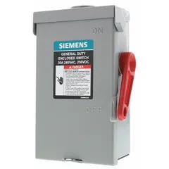 The Siemens GF221NRA is a 30 A, single-phase, fusible safety switch rated for 240V AC. It features a galvanized steel enclosure suitable for indoor and outdoor use. This switch provides a manual disconnect point for electrical circuits in industrial and commercial applications.