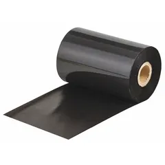 Black wax/resin ribbon for thermal transfer printing on THT 1" core printers. Chemical-resistant and RoHS compliant. Used for industrial labeling, barcodes, and identification in environments requiring durable prints.