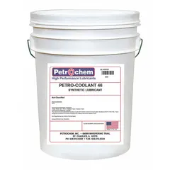 PETROCHEM Petro-Coolant 46 is a mineral-based air compressor oil formulated for rotary screw and reciprocating compressors. It provides lubrication to reduce friction, wear, and heat in industrial pneumatic systems. Supplied in a 5-gallon pail, this oil has an SAE grade of 10, ISO viscosity grade of 46, and viscosity index of 155.