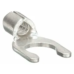 Non-insulated locking fork terminal for #10 stud size, accepting 16 AWG to 14 AWG wire. Rated 600 V. Suitable for secure connections in control panels, machinery, and power distribution where vibration resistance is required.