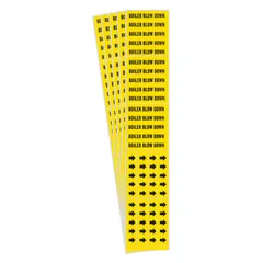 Yellow adhesive pipe marker with black legend reading 'Boiler Blow Down' and directional arrows. Fits pipe outer diameters of 3/4 inch and smaller. Supplied in a 5-pack. Used for identifying boiler blow down piping in industrial facilities to support safe operation and compliance with pipe-identification standards.