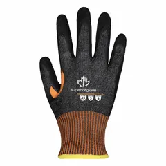 These extreme-duty cut-resistant gloves feature ANSI Cut Level A9 protection with a crinkle latex coating for enhanced grip on oily or wet surfaces. The reinforced thumb crotch extends wear life in high-stress areas. Dipped fingertips provide added durability. Suitable for industrial applications requiring high cut resistance.