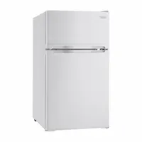 Compact refrigerator with 3.9 cu ft total capacity, manual defrost, and three shelves. White finish with swing door hinge. Energy Star Certified. Suitable for storing beverages and snacks in small spaces such as offices, dorm rooms, or kitchens