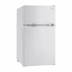 Compact refrigerator with 3.9 cu ft total capacity, manual defrost, and three shelves. White finish with swing door hinge. Energy Star Certified. Suitable for storing beverages and snacks in small spaces such as offices, dorm rooms, or kitchens.