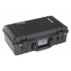 This PELICAN case is a lightweight, carry-on sized protective case with a double-throw closure. It is supplied without foam, allowing custom padding for sensitive equipment. Suitable for transporting cameras, electronics, or tools in industrial field use and air travel.