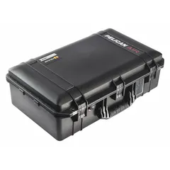This lightweight suitcase-style case from PELICAN features a double-throw closure and a black exterior. The interior includes convoluted, pick and pluck, and solid foam layers for custom padding. With interior dimensions of 12 3/4 x 23 x 7 1/2 inches, it is designed for transporting sensitive equipment such as cameras, electronics, or tools. Not carry-on size.