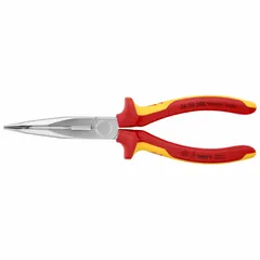 These bent needle-nose pliers have serrated jaws with a 1 in maximum opening and an overall length of 8 in. The jaw length is 2 7/8 in. They are insulated for electrical work and include a built-in cutter for gripping, bending, and cutting wire in live-circuit environments.