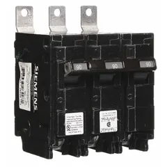 Three-pole miniature circuit breaker rated 90 A at 240V AC, designed for bolt-on mounting in P1 panelboards. Provides overcurrent protection for three-phase branch circuits in commercial and industrial electrical distribution systems. Maximum interrupting rating of 65 kA at 240V AC.