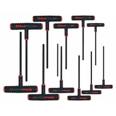 T-shaped hex key set with 11 SAE sizes, each featuring a 9-inch extra-long handle for increased torque and reach. Keys have standard ends and a black oxide finish. Supplied in a pouch for storage.