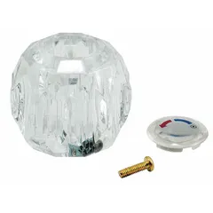 Replacement knob handle for Powers 900 Series faucets. Constructed of plastic with a chrome finish. Includes a plug button. For use with hot and cold water.