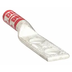 Two-hole compression lug for terminating 8 AWG stranded copper wire onto a 3/8 in stud. Features a long copper barrel and no inspection hole. Used in industrial control panels, switchgear, and heavy machinery for secure, low-resistance power connections.